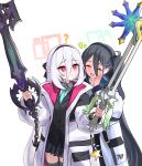  2girls :d ? ^_^ absurdres aris_(blue_archive) behind_another black_bow black_hair black_hairband black_skirt black_thighhighs blazer blue_archive blue_jacket blue_necktie bonefire0909 bow bright_pupils closed_eyes closed_mouth collared_shirt commentary_request confused cowboy_shot dot_nose dual_wielding facing_ahead facing_another green_halo hair_between_eyes hair_bow hairband half_updo halo hands_clasped_in_delight hands_up happy highres holding holding_sword holding_weapon jacket kei_(blue_archive) kei_(student)_(blue_archive) keyblade kingdom_hearts korean_commentary light_frown long_hair long_hair_between_eyes long_sleeves looking_at_object looking_to_the_side loosely_tucked_bangs millennium_science_school_logo miniskirt multiple_girls necktie notice_lines oathkeeper oblivion_(keyblade) one_side_up open_clothes open_jacket open_mouth own_hands_clasped own_hands_together pink_halo pink_jacket pleated_skirt raised_eyebrow rectangular_halo red_eyes ringed_eyes shirt siblings simple_background sisters skirt small_sweatdrop smile standing sword thighhighs turning_head twins two-sided_fabric two-sided_jacket very_long_hair weapon white_background white_hair white_jacket white_pupils white_shirt zettai_ryouiki 