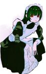  1girl apron byakugun dress frown green_hair highres juliet_sleeves long_dress long_sleeves looking_to_the_side maid maid_apron maid_headdress original puffy_sleeves red_eyes sketch slav_squatting solo squatting 