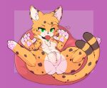 2_tails absurd_res anthro breasts chest_tuft condom condom_in_mouth defunctumbra felid feline female genitals hi_res inviting_to_sex lying mammal mouth_hold multi_tail object_in_mouth on_back pawpads paws pubes sexual_barrier_device small_breasts solo spread_legs spreading tail tuft vulva