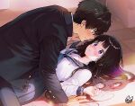  1boy 1girl black_hair black_jacket black_pants black_sailor_collar blue_neckerchief blunt_bangs blush chitanda_eru commentary_request double-parted_bangs embarrassed feet_out_of_frame flustered green_eyes hair_between_eyes hair_spread_out hetero hyouka indoors jacket kamiyama_high_school_uniform_(hyouka) long_hair long_sleeves looking_at_another lying mery_(yangmalgage) neckerchief nose_blush on_back open_clothes open_jacket oreki_houtarou pants pinned purple_eyes sailor_collar school_uniform serafuku shirt short_hair sidelocks signature straddling tile_floor tiles white_shirt wide-eyed 