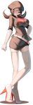  1girl absurdres alternate_breast_size_(larger) alternate_costume belt black_dress black_hat blush boots breasts brown_hair commentary_request cosplay covered_navel dress elbow_gloves gloves gloves_over_sleeves grey_belt grey_gloves hat high_heel_boots high_heels highres large_breasts looking_at_viewer lyra_(pokemon) medium_hair momdy_(talesshinja) official_alternate_costume open_mouth pokemon pokemon_heartgold_and_soulsilver red_eyes simple_background single_letter smile team_rocket team_rocket_grunt team_rocket_grunt_(cosplay) team_rocket_uniform thigh_boots thighhighs twintails under-elbow_gloves white_background 