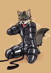 absurd_res all_fours anthro ball_gag bdsm belt bitchsuit bodily_fluids bondage bondage_gear bound bulge canid canine canis coyote drooling gag gummiipupp hi_res kenai_(coyote) latex leash male mammal saliva sex_toy solo vibrator