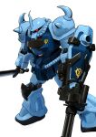  absurdres cable clip_studio_paint_(medium) commentary_request emblem gatling_gun gouf gouf_custom gundam gundam_08th_ms_team highres holding holding_sword holding_weapon kichika35 logo mecha mecha_focus mobile_suit no_humans one-eyed_mecha radio_antenna red_eyes robot roundel science_fiction shield shoulder_spikes solo spikes sword weapon white_background zeon 
