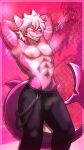 anthro aquatic baraovonberry_(nebulatheuxx) belt black_bottomwear black_clothing black_pants bottomwear bulge clothed clothing fish furrdoktor hair hands_behind_head hi_res looking_at_viewer male markings navel nipples pants partially_clothed pink_body pink_eyes raised_arm raised_arms shark shark_tail solo tail teeth_showing wet white_body white_hair white_markings