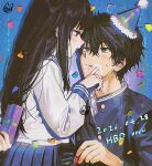  1boy 1girl arm_behind_back black_hair black_jacket blue_background blue_neckerchief blue_sailor_collar blue_skirt blunt_bangs blush box character_name chitanda_eru collared_shirt commentary_request confetti dated double-parted_bangs food food_on_face gift gift_box green_eyes hair_between_eyes hand_on_another's_face happy_birthday hat holding holding_box hyouka jacket kamiyama_high_school_uniform_(hyouka) licking_lips long_hair long_sidelocks long_sleeves mery_(yangmalgage) neckerchief open_mouth oreki_houtarou party_hat pleated_skirt purple_eyes sailor_collar school_uniform serafuku shirt short_hair sidelocks signature skirt sweat tongue tongue_out white_shirt 