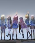  6+girls absurdres aikawa_megumi arm_up asakura_karen_(heaven_burns_red) blonde_hair brown_hair cat_tail commentary from_behind grey_hair heaven_burns_red heavy_breathing highres izumi_yuki jumping kayamori_ruka kr_woyue kunimi_tama long_hair multiple_girls pantyhose pink_hair school_uniform skirt tail tojo_tsukasa untranslatable_commentary 