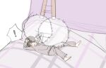  1boy 1girl commentary_request feathers giant giantess grey_pants grey_shirt korean_commentary lying mimikaki mini_person miniboy on_back original pants plaid_clothes plaid_pants purple_shirt shirt size_difference sleepwear tickling yukarakaka 