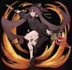 1girl black_coat black_hat black_nails black_shorts braid breasts brown_hair chinese_clothes coat coattails commentary_request fire flower flower-shaped_pupils full_body genshin_impact hat hat_flower hat_tassel highres holding holding_polearm holding_weapon hu_tao_(genshin_impact) jewelry long_hair low_twin_braids miyukiboshi multiple_rings open_mouth outstretched_arms polearm red_eyes ring short_shorts shorts sidelocks signature small_breasts smile solo spear star_(symbol) symbol-shaped_pupils tailcoat twin_braids very_long_hair weapon 