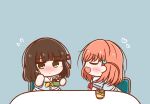  2girls black_hair blue_background blue_dress blunt_bangs blunt_ends blush bob_cut cerise_bouquet chair chibi chibi_only commentary_request dress embarrassed flying_sweatdrops food hair_ornament hasu_no_sora_school_uniform heart highres hinoshita_kaho holding holding_spoon love_live! love_live!_hasu_no_sora_jogakuin_school_idol_club medium_hair momose_ginko multiple_girls neckerchief nose_blush on_chair open_mouth orange_hair p-man_(p_man_wktk) pudding rabbit_hair_ornament red_neckerchief sailor_collar sailor_dress school_uniform short_hair short_sleeves simple_background sitting spoon summer_uniform two_side_up virtual_youtuber white_sailor_collar yellow_neckerchief yuri 