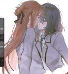  2girls art_program_in_frame black_hair blazer blue_eyes blue_necktie braid brown_hair closed_eyes collared_shirt commentary english_commentary grey_jacket half_up_braid highres imminent_kiss jacket long_hair medium_hair miyagi_shiori multiple_girls necktie parted_lips raychelltwt school_uniform sendai_hazuki shirt shuuniichido_classmate_wo_kau_hanashi simple_background upper_body white_background white_shirt yuri 