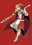  1boy :d ;d armor armored_boots bad_id bad_pixiv_id belt black_belt black_gloves blonde_hair boots cape chainmail curtained_hair full_body gloves gold_trim grey_pants hand_up highres holding holding_polearm holding_weapon kitamura_motoyasu knee_boots leg_up legendary_spear_(small_spear)_(tate_no_yuusha_no_nariagari) legendary_spear_(tate_no_yuusha_no_nariagari) looking_at_viewer male_focus medium_hair minami_seira multiple_belts official_art one_eye_closed open_mouth pants pauldrons polearm ponytail promotional_art red_background red_cape red_eyes red_robe robe short_ponytail shoulder_armor simple_background smile solo spear tabard tate_no_yuusha_no_nariagari teeth upper_teeth_only vambraces weapon white_armor white_belt white_boots white_tabard 
