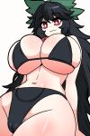  1girl alternate_breast_size_(larger) alternate_costume bare_shoulders bikini black_bikini black_hair bow breasts cameltoe chest_eye from_below green_bow hair_bow huge_breasts long_hair looking_at_viewer looking_down midriff navel red_eyes reiuji_utsuho rui_hill simple_background skindentation smile solo swimsuit third_eye toned toned_female touhou white_background 