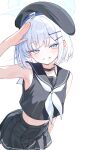  1girl black_hat black_skirt blue_archive blue_eyes commentary_request cowboy_shot grey_hair halo hat highres korean_commentary light_blush midriff salute self-upload short_hair simple_background skirt smile solo sumika_(blue_archive) syos486582 white_background 