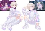  1girl blonde_hair choker commentary_request derivative_work highres hololive hololive_dev_is jacket leg_warmers long_sleeves looking_at_viewer multicolored_hair multiple_views open_clothes open_jacket purple_choker purple_eyes purple_hair reference_inset screenshot_inset screenshot_redraw shirt shoes short_hair shorts simple_background smile sneakers squatting streaked_hair toa_inusuki todoroki_hajime todoroki_hajime_(1st_costume) two_side_up v virtual_youtuber white_background white_jacket white_leg_warmers white_shirt white_shoes white_shorts 