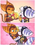 blue_eyes blush bodily_fluids canon_couple clank_(ratchet_and_clank) clothing duo eyewear eyewear_on_head female flirting flirting_expression flirting_look flirty_expression gift gloves goggles goggles_on_head gold_(metal) green_eyes handwear heart_symbol hi_res insomniac_games kit_(ratchet_and_clank) lombax lou_lubally love male male/female mammal nervous nervous_look nervous_sweat ratchet_(ratchet_and_clank) ratchet_and_clank rivet_(ratchet_and_clank) robotic_arm romantic romantic_ambiance romantic_couple scarf screw sony_corporation sony_interactive_entertainment surprised sweat tail tail_motion tailwag