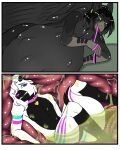 abdominal_bulge absurd_res anthro avian belly border collar comic deer digestion duane_(iwanttodie) duo ear_piercing ear_ring glitchfemboy grey_body gryphon hi_res inside_stomach internal leash leash_in_mouth leash_pull male mammal multicolored_body mythological_avian mythological_creature mythology nude object_in_mouth oral_vore outline piercing ring_piercing vore white_border