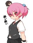  bad_id bad_pixiv_id blush_stickers brown_hair chibi chibi_on_head gloves hair_bobbles hair_ornament headgear kantai_collection multiple_girls neck_ribbon on_head open_mouth pink_hair ponytail red_eyes ribbon shiranui_(kantai_collection) short_hair translated vest white_gloves yajirushi_kaku yellow_eyes yukikaze_(kantai_collection) 