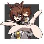  2girls :> :d agnes_tachyon_(tach-nology)_(umamusume) agnes_tachyon_(umamusume) ahoge animal_ears black_eyeshadow border brown_hair chibi commentary derivative_work dual_persona earrings english_commentary eyeshadow foreshortening grey_background hair_between_eyes highres horse_ears horse_girl jewelry lab_coat long_sleeves looking_at_viewer makeup multiple_girls nagai_negi necktie outside_border outstretched_arm red_eyes shirt single_earring sleeves_past_fingers sleeves_past_wrists smile sweater umamusume upper_body white_border wide-eyed yellow_sweater 