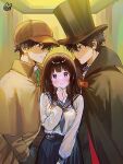  1girl 2boys black_cloak black_hair black_hat black_pants blue_bow blue_bowtie blue_neckerchief blue_sailor_collar blue_skirt blunt_bangs blush bow bowtie breasts brown_coat brown_hat chitanda_eru cloak coat collared_shirt commentary_request double-parted_bangs dual_persona frown green_necktie hair_between_eyes hands_in_pockets hat height_difference hyouka indoors kamiyama_high_school_uniform_(hyouka) long_hair long_sleeves looking_at_another medium_breasts mery_(yangmalgage) multiple_boys neckerchief necktie newsboy_cap oreki_houtarou pants pleated_skirt purple_eyes sailor_collar school_uniform serafuku shirt short_hair sidelocks skirt smile top_hat white_shirt 