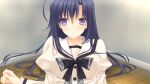  1girl ahoge averting_eyes black_bow black_bowtie blue_hair bow bowtie buttons double_bowtie frilled_sleeves frills game_asset grey_bow grey_bowtie hair_ornament hairclip hand_up indoors juliet_sleeves long_hair long_sleeves non-web_source official_art ookura_lumine parted_lips plaid_bow plaid_bowtie plaid_clothes puffy_sleeves purple_eyes sailor_collar school_uniform self-datamine shirt solo standing suzuhira_hiro tsuki_ni_yorisou_otome_no_sahou_2 upper_body white_sailor_collar white_shirt wooden_floor x_hair_ornament 