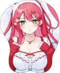  1girl absurdres bed_sheet blush breast_mousepad breasts camisole cardigan cat_earrings cherry_necklace cleavage collarbone commentary_request earrings flower_hairclip green_eyes hair_ornament hairband hairclip heart heart_in_eye highres hololive jewelry large_breasts long_hair long_sleeves looking_at_viewer lying nyan_(reinyan_007) on_back pink_cardigan pink_hair pink_lips sakura_miko sakura_miko_(loungewear) sleeves_past_wrists solo symbol_in_eye virtual_youtuber white_background white_camisole white_hairband 