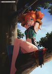 absurdres adjusting_hair armpits artist_request barefoot dappled_sunlight detached_sleeves earrings green_eyes highres in_tree jewelry karna_(ys) looking_at_viewer mouth_hold necklace non-web_source official_art orange_hair ponytail scan single_thighhigh sitting sitting_in_tree sunlight thighhighs tree ys ys_memories_of_celceta 