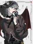  1boy alien_stage apple black_veil bug centipede chinese_commentary commentary_request demon_boy demon_wings finger_cots food fruit green_eyes grey_hair grey_sweater heart highres holding holding_food holding_fruit horns male_focus official_alternate_costume scar scar_on_neck short_hair solo sweater till_(alien_stage) torn_clothes torn_sweater veil very_short_hair white_apple wings ya_shiba_li_hao 