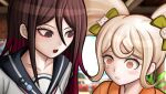  2girls anami_saki blush bow brown_eyes brown_hair buttons commentary crying crying_with_eyes_open danganronpa_(series) danganronpa_2:_goodbye_despair eggydgrp english_commentary green_bow hair_bow japanese_clothes kimono looking_at_another multicolored_hair multiple_girls oc_x_canon official_style orange_eyes orange_kimono original pink_hair saionji_hiyoko school_uniform serafuku tears twintails two-tone_hair 