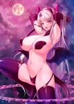  1girl armpits bare_shoulders black_gloves black_shoes black_thighhighs blonde_hair breasts commentary_request demon_girl demon_horns demon_tail demon_wings elbow_gloves elf elf_bishop_(kirishima_satoshi) facial_mark forehead_mark gloves horns huge_breasts kirishima_satoshi long_hair long_pointy_ears magic_circle moon navel night open_mouth original pasties pointy_ears red_eyes shoes solo tail thighhighs transformation very_long_hair wings 