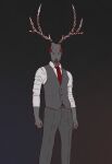 5_fingers accessory american_mythology anthro antlers biped black_background bone bottomwear chain_antlers claws clothed clothing deer fingers formal_wear glowing glowing_eyes grey_body hi_res horn indigenous_north_american_mythology looking_at_viewer male mammal muscular mythology necktie north_american_mythology pants red_eyes rubixfpv shirt simple_background skeleton solo standing suit topwear undead vest wendigo