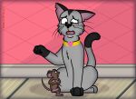101_dalmatian_street 101_dalmatians babclayman black_ears black_nose black_paws brown_body brown_fur collar_tag deidra_(cartooncross) dipstick_tail disney domestic_cat duo fan_character felid feline felis female feral fur grey_body grey_fur heart_collar_tag hi_res male mammal markings mouse murid murine notched_ear rodent size_difference tail tail_markings whiskers