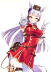  1girl absurdres animal_ears armband armpits arms_up blunt_bangs blush bow breasts brown_hat commentary_request double_v dress ear_bow gloves gold_ship_(red_strife)_(umamusume) gold_ship_(umamusume) grey_hair grin hat highres horse_ears horse_girl horse_tail large_breasts long_hair one_eye_closed open_mouth pantyhose parted_lips pillbox_hat pp_bj purple_eyes red_bow red_dress sleeveless sleeveless_dress smile solo striped_armband striped_clothes tail teeth umamusume v white_gloves white_pantyhose 