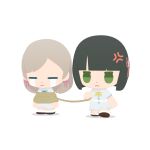 2girls 3d anger_vein black_hair blunt_bangs blunt_ends bob_cut bound ceras_yanagida_lilienfeld chibi chibi_only closed_eyes commentary_request crying dress eight256bits flower flower_knot frown green_eyes green_neckerchief grey_hair hair_flower hair_ornament hair_ribbon hasu_no_sora_school_uniform highres holding holding_rope jitome love_live! love_live!_hasu_no_sora_jogakuin_school_idol_club momose_ginko multiple_girls neckerchief pink_ribbon ribbon rope sailor_collar sailor_dress school_uniform short_hair short_sleeves simple_background streaming_tears summer_uniform tears tied_up_(nonsexual) virtual_youtuber walking white_background white_dress white_flower white_sailor_collar yellow_neckerchief 