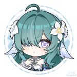  1girl ahoge bare_shoulders chibi chinese_commentary commentary_request flower genshin_impact green_hair hair_flower hair_intakes hair_ornament hair_over_one_eye jiu_fanglianhua long_hair looking_at_viewer parted_lips purple_eyes solo upper_body vodyanitsa_(genshin_impact) white_flower 