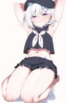  1girl absurdres armpits arms_behind_head black_hat black_shirt black_skirt blue_archive blue_eyes blush commentary gen_(unzzenasd) grin half-closed_eyes hat highres looking_at_viewer navel shirt simple_background sitting skirt sleeveless sleeveless_shirt smile solo sumika_(blue_archive) sweat thighs white_background white_hair 