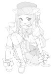  1girl absurdres animal_ears beret bow cat_ears cat_girl cat_tail collared_shirt commentary_request copyright_request frilled_shirt_collar frills full_body greyscale hair_ornament hairclip hat highres iyokan_momiji knees_up long_hair monochrome pleated_skirt puffy_short_sleeves puffy_sleeves shirt shoes short_sleeves simple_background sitting skirt solo tail tail_bow tail_ornament twintails very_long_hair virtual_youtuber white_background wing_hair_ornament 
