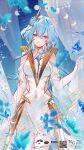  1girl bare_shoulders blue_butterfly blue_hair breasts bug butterfly closed_mouth clothing_cutout colored_eyelashes commentary covered_navel dress earrings elbow_gloves gloves hair_between_eyes hair_ornament highres jewelry large_breasts lita_(ritaomochi) long_hair looking_at_viewer official_alternate_costume purple_eyes shorekeeper_(wuthering_waves) side_cutout smile solo white_dress white_gloves wuthering_waves 