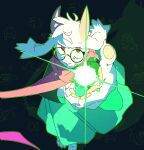  1boy 1girl 1other animal_ears commentary deltarune dress from_above glasses glowing glowing_hand goat_boy goat_ears green_dress kris_(deltarune) male_focus noirzvault pink_eyes pink_scarf ralsei round_eyewear scarf signature solo_focus susie_(deltarune) utdr_(toby_fox) 