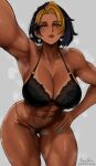  1girl abs absurdres artist_name black_bra black_hair black_panties blonde_hair blonde_streaks blue_nails bra breasts collarbone commission dark-skinned_female dark_skin desi domina_(overwatch) earrings english_commentary fingernails grey_background hand_on_own_hip heart heart_earrings highres jewelry kalennoir large_breasts long_fingernails looking_at_viewer mature_female multicolored_hair muscular muscular_female overwatch panties reaching reaching_towards_viewer short_hair solo steaming_body streaked_hair two-tone_hair underwear 