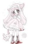  1girl 2000s_(style) :3 absurdres aegyo_sal animal_ears animification blood blood_on_clothes boots bow cat cat_ears cat_girl cat_tail commentary creature_and_personification cross crybabierin dress english_commentary faux_retro_artstyle full_body grey_eyes highres holding holding_cross juliet_sleeves lolita_fashion long_sleeves looking_at_viewer marshmallow_(mewgenics) mewgenics nun nun_headdress personification pink_bow pink_dress pink_hair puffy_sleeves short_hair simple_background solo standing tail white_background white_boots white_bow 