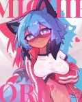 2024 absurd_res anthro big_breasts blue_hair blush brand_new_animal breasts brown_body canid canine character_name clothed clothing clothing_lift digital_media_(artwork) drop_shadow facial_markings female hair half-length_portrait head_markings heart_symbol hi_res jacket kabatsu looking_at_viewer mammal markings mask_(marking) medium_hair michiru_kagemori midriff navel off_shoulder portrait raccoon_dog shirt shirt_lift signature simple_background smile smiling_at_viewer solo studio_trigger tanuki text topwear wet wet_body wet_clothing wet_shirt wet_topwear wide_hips