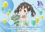  1girl anniversary balloon bare_arms bare_shoulders blue_background blue_flower blush bouquet bow brown_eyes brown_hair collarbone commentary_request copyright_name dress flower flower_hairtie frilled_dress frills green_bow green_dress green_ribbon halterneck high_school_fleet holding holding_bouquet looking_at_viewer official_art puffy_short_sleeves puffy_sleeves ribbon shiretoko_rin short_hair short_sleeves smile solo translated twintails two-tone_dress white_bow white_flower white_trim 