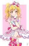  1girl aikatsu!_(series) aikatsu_stars! bare_shoulders blonde_hair blush bow bow_hairband bowtie choker cropped_shirt crossed_legs curly_hair earrings frilled_bow frilled_choker frilled_cuffs frilled_sash frilled_shirt frilled_skirt frills gradient_hair grin hair_bow hair_ornament hairband heart heart_earrings highres idol idol_clothes jewelry kumahubuki legs long_hair looking_at_viewer midriff multicolored_hair navel nijino_yume orange_eyes orange_hair pink_background pink_bow pink_bowtie pink_hairband pink_sash pink_shirt pink_skirt plaid_clothes plaid_shirt plaid_skirt sash shirt sidelocks skirt sleeveless smile solo twintails twintails_with_hair_base white_choker white_wrist_cuffs wrist_cuffs 