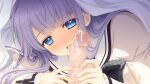  1boy 1girl black_bow black_bowtie blanket blanket_veil blue_eyes bow bowtie braid censored cum cum_on_body cum_on_penis double_bowtie fellatio frilled_sleeves frills game_asset grabbing_another's_penis grey_bow grey_bowtie hair_bow half-closed_eyes hand_up juliet_sleeves licking licking_penis long_hair long_sleeves looking_at_viewer mosaic_censoring nishimata_aoi non-web_source official_art oral penis plaid_bow plaid_bowtie plaid_clothes puffy_sleeves purple_hair sailor_collar school_uniform self-datamine shirt single_braid tongue tongue_out tsuki_ni_yorisou_otome_no_sahou_2 under_covers white_bow white_sailor_collar white_shirt youkadou_sakuri 