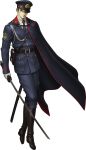  1boy belt black_belt black_cape black_hat blue_pants blue_shirt cape collared_shirt doi_masayuki full_body gloves hat high-waist_belt highres holding holding_sword holding_weapon male_focus megami_tensei necktie official_art pants shin_megami_tensei shin_megami_tensei_v shirt solo sword weapon white_gloves white_shirt yakumo_shohei yellow_eyes 