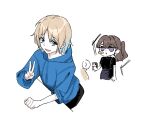  2girls :d :t alternate_hair_length_(shorter) alternate_hairstyle basil_(wgh0anzdple3asf) black_shirt blonde_hair blue_eyes blue_hair blue_hoodie blush_stickers brown_hair cellphone commentary fang fujishima_megumi fujishima_megumi_(post-graduation_casual) gradient_hair grey_skirt highres holding holding_phone hood hood_down hoodie jewelry long_hair long_sleeves love_live! love_live!_hasu_no_sora_jogakuin_school_idol_club mira-cra_park! multicolored_hair multiple_girls no_jacket open_mouth osawa_rurino phone ponytail pout purple_eyes ring shirt short_hair short_sleeves simple_background single_blush_sticker skin_fang skirt smartphone smile untranslatable_commentary v virtual_youtuber wedding_ring white_background 