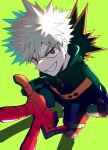  1boy arm_up bakugou_katsuki black_pants boku_no_hero_academia bright_pupils brown_eyes commentary_request eyes_visible_through_hair foreshortening from_above full_body furrowed_brow gloves green_background green_gloves green_pupils grey_hair grin hand_in_pocket headgear high_collar highres invisible_floor looking_at_viewer looking_up male_focus multicolored_eyes nao_(n_sai_ao) open_hand orange_gloves outstretched_hand pants partial_commentary perspective pink_eyes pocket sanpaku shadow short_hair sidelighting simple_background smile solo spiked_hair tsurime turning_head two-sided_gloves two-tone_eyes v-shaped_eyebrows w wrist_guards 