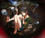  1girl absurdres barefoot black_hair blue_shorts commentary_request cone_horns cross-laced_clothes feet green_shirt highres horn_ornament horn_ribbon horns long_hair looking_at_viewer nippaku_zanmu red_eyes ribbon shirt short_sleeves shorts sitting skull soles solo suika_(pixiv_26385835) thighs toes touhou tree yellow_horns 