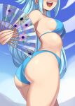  1girl aqua_(konosuba) artist_name ass bare_shoulders bikini blue_bikini blue_hair blue_sky blush breasts cloud commentary english_commentary eyes_out_of_frame floral_print folding_fan from_side halterneck hand_fan head_out_of_frame highres holding holding_fan kagato007 kono_subarashii_sekai_ni_shukufuku_wo! long_hair looking_at_viewer looking_back medium_breasts midriff open_mouth patreon_username sideboob sidelocks sky smile solo strap_gap string_bikini swimsuit web_address 