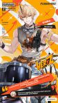  bandaid bandana belt blonde_hair chain clothes_around_waist commentary cymbals dog_tags drum drum_set drumsticks english_commentary goggles goggles_around_neck grin highres holding holding_instrument horns instrument jacket jacket_around_waist kamui_(pgr) official_art orange_eyes punishing:_gray_raven single_horn sitting smile speech_bubble 